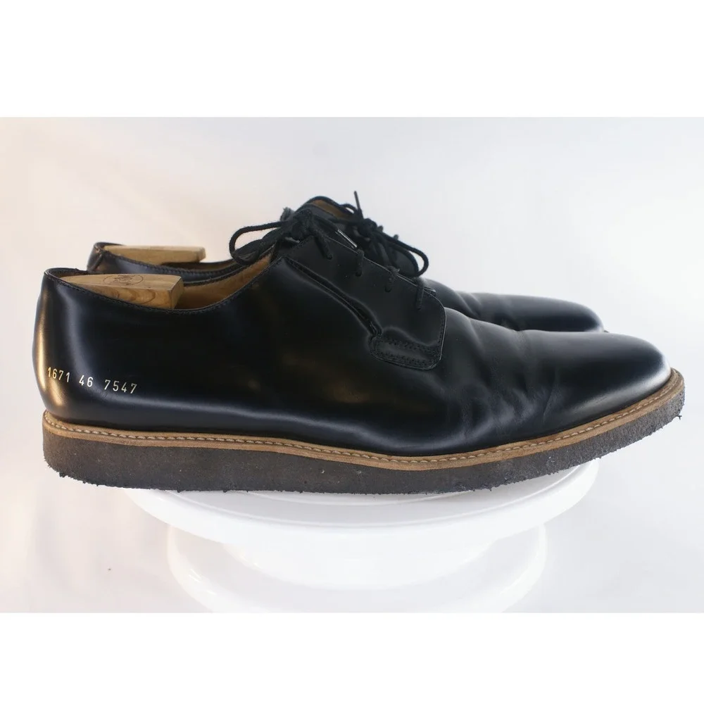 Common Projects Black Leather Derby Shoes EU46 US13 Made in Italy Crepe Sole